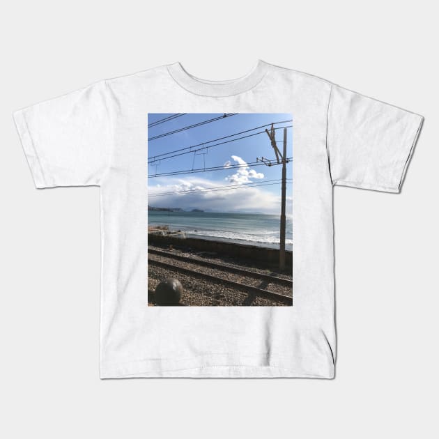 Lucrino Beach with Train Tracks Kids T-Shirt by Sandraartist